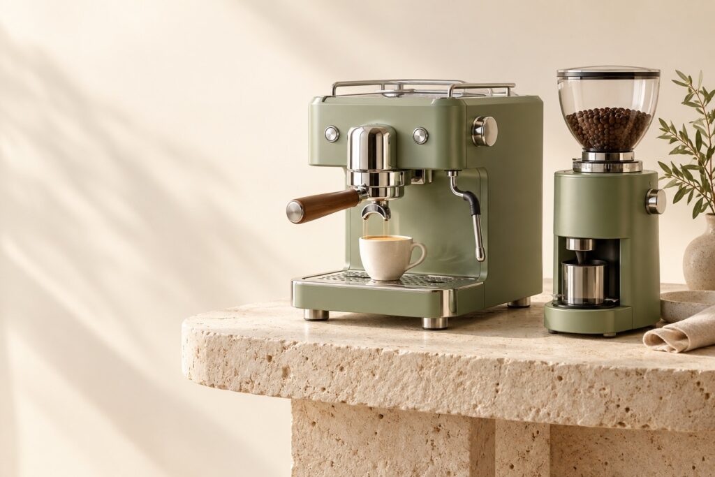 Sage-green espresso machine, grinder and cup — fictional prize illustration