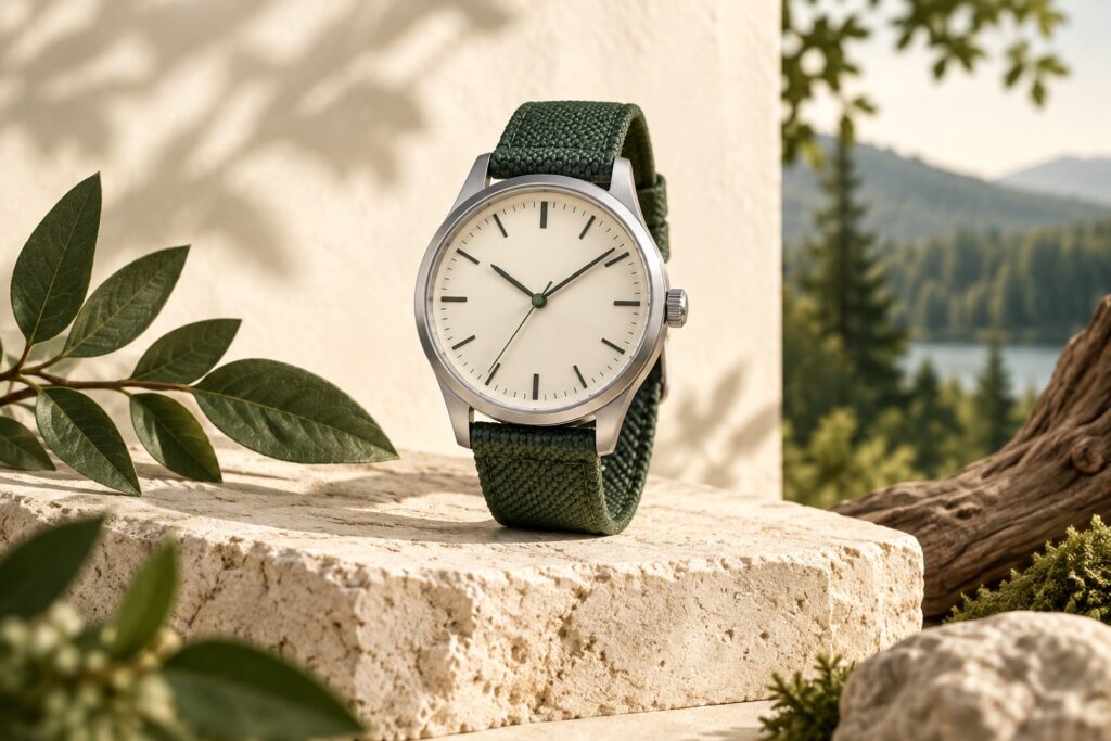 Watch with a forest-green strap